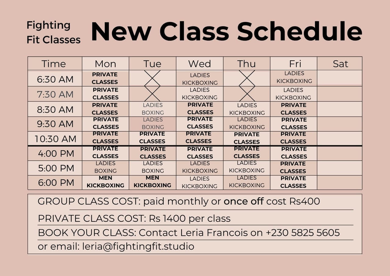 Fighting Fit Studio Mauritius Schedule